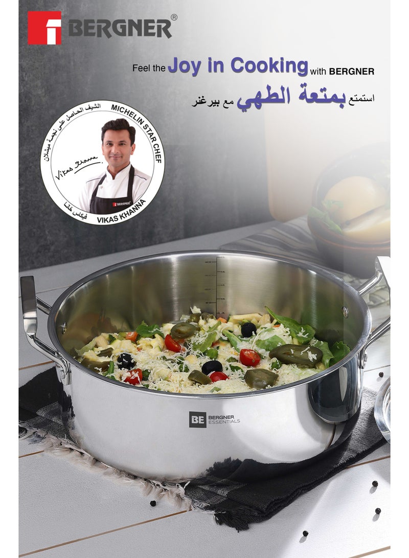 بيرجنر مقلاة برياني قليلة العمق بيرغنر إسنشيلز 28 سم (5.8 لتر) من الفولاذ ثلاثي الطبقات - قدر طهي عريض مع غطاء ستيل للأرز والبولاو والكاري - طهي صحي بزيت أقل - توزيع حراري متساوٍ ومتوافق مع الغاز والحث - Image 5